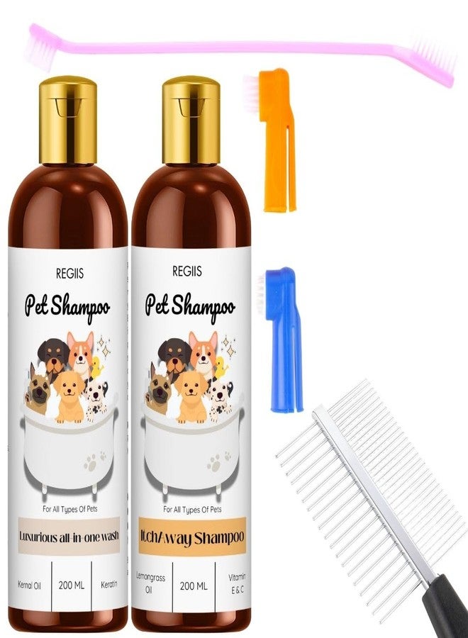REGIIS Pet Shampoo Set, All-in-One Wash and Itch Away Formula, 200 ML Each, with Keratin Oil and Lemongrass, Includes Pet Grooming Brush(4 Pack) - Image 1